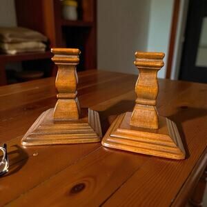 Wooden Primitive Pillar Candle Holders Vintage Set of 2 MCM Solid Candlesticks